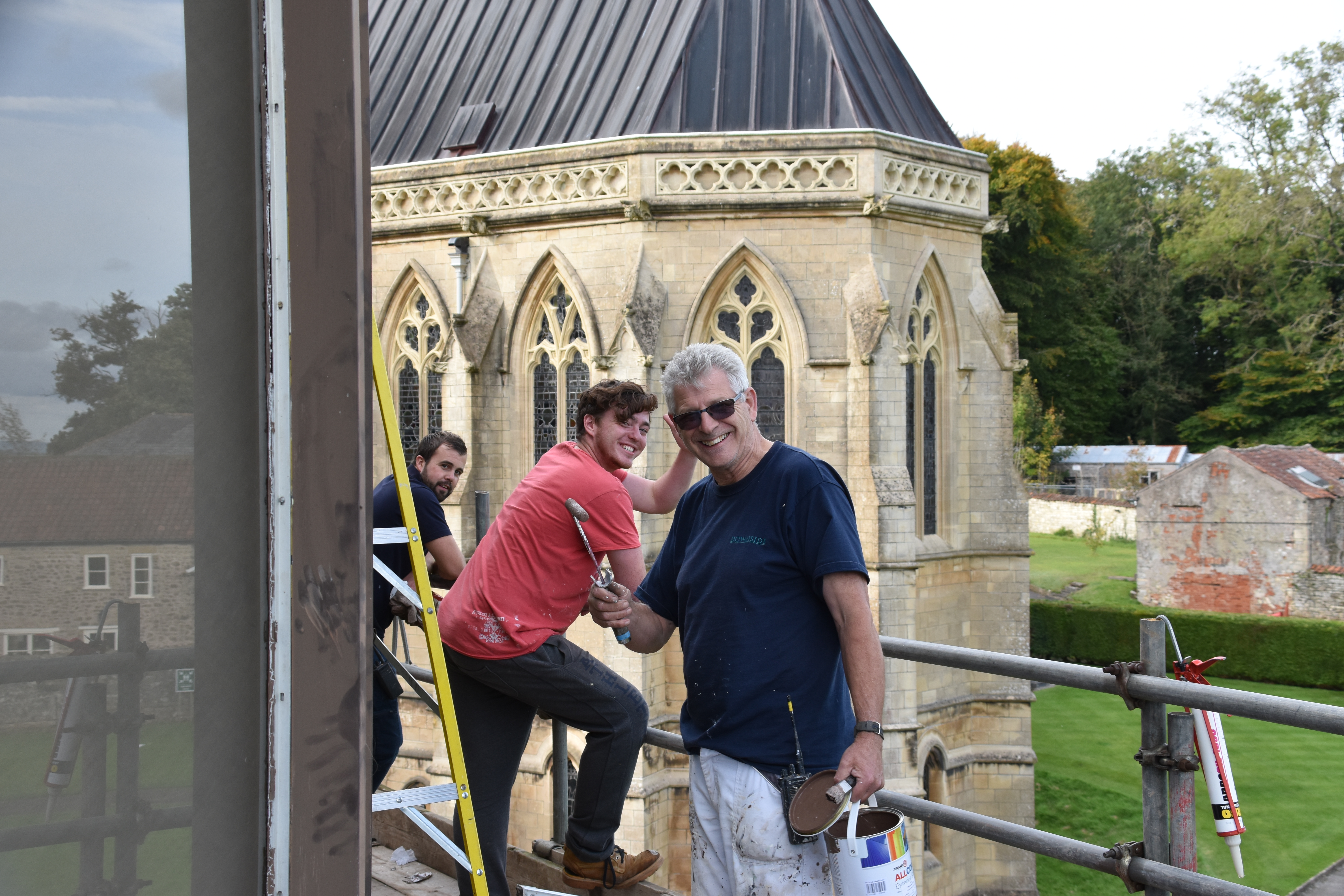 Workers installing new windows in Monastic library