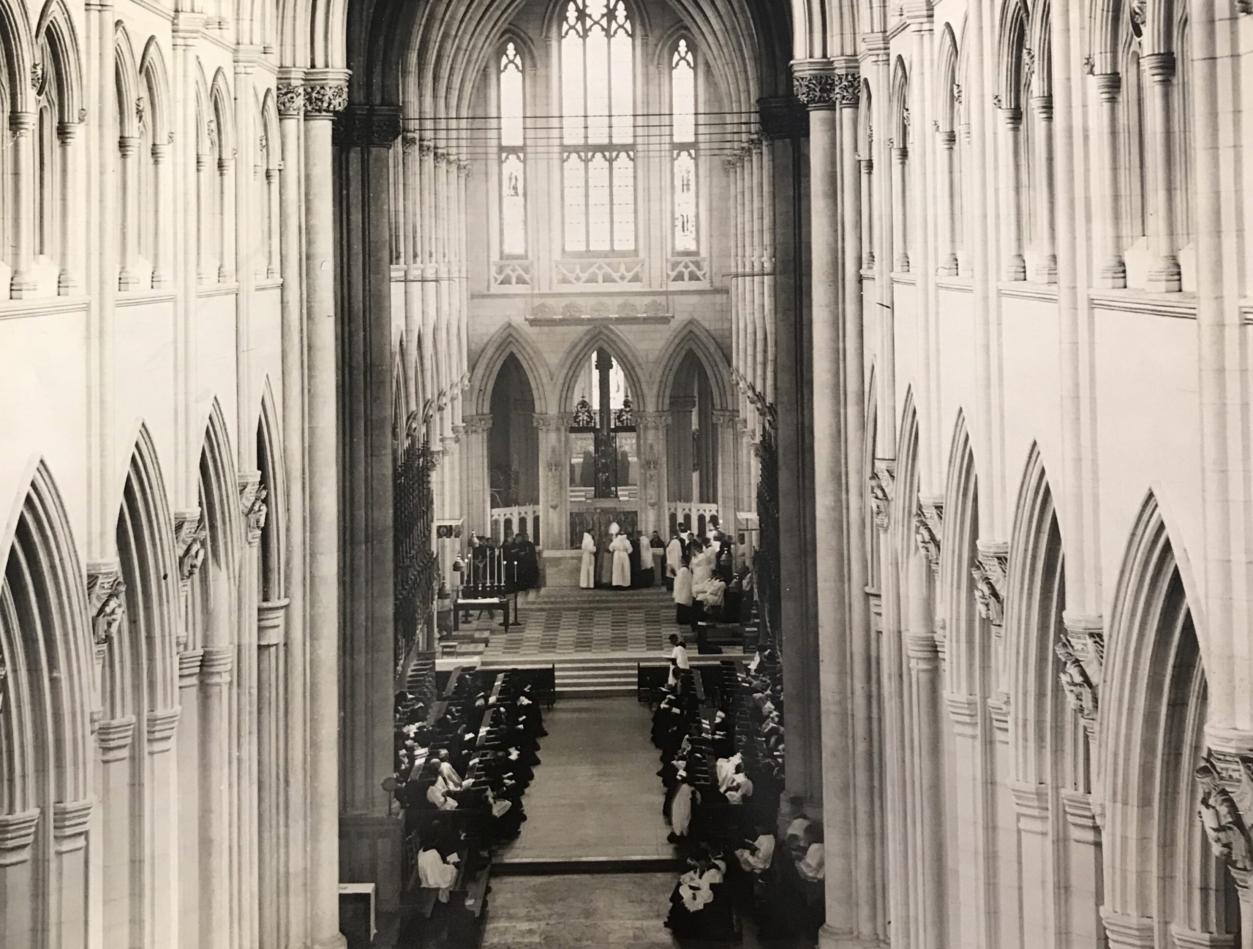 Inside of Downside Abbey with monks